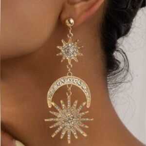 Exaggerated Crescent Moon, Sun & Star Rhinestone Gold Color Celestial Earrings